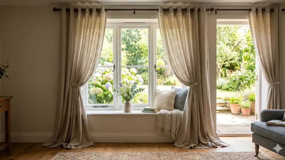Beautiful cream-colored curtains framing large windows in a bright living room, showcasing a stylish alternative to blinds.