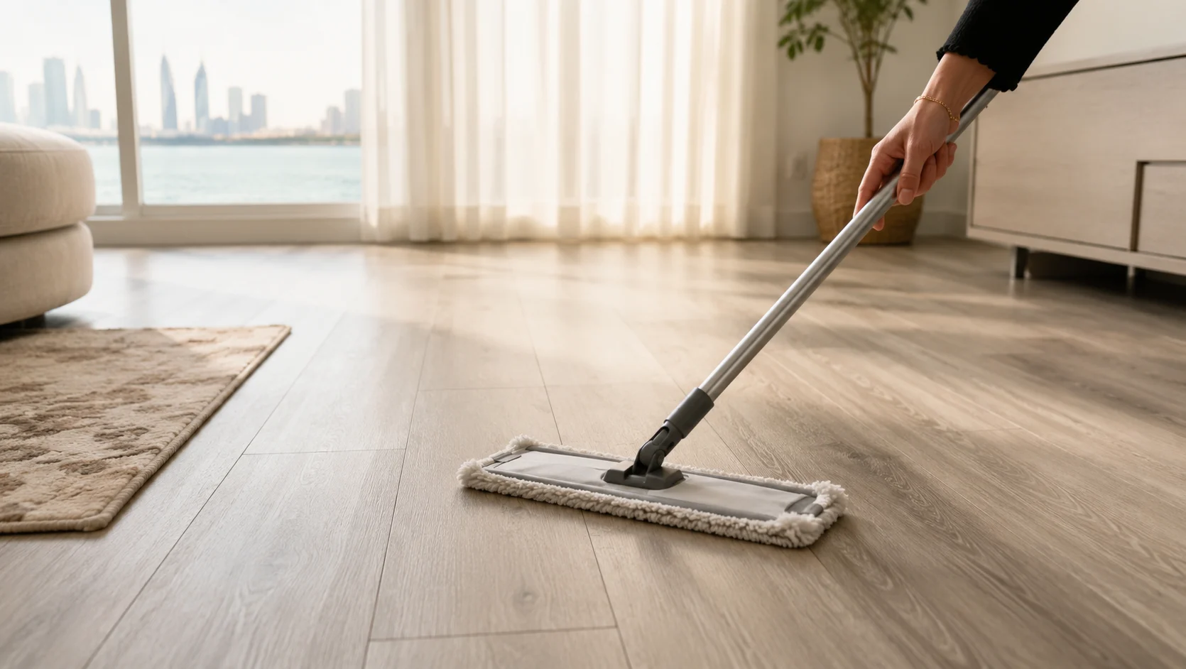 Woman mopping SPC vinyl plank flooring with a microfiber mop in a sunlit living room