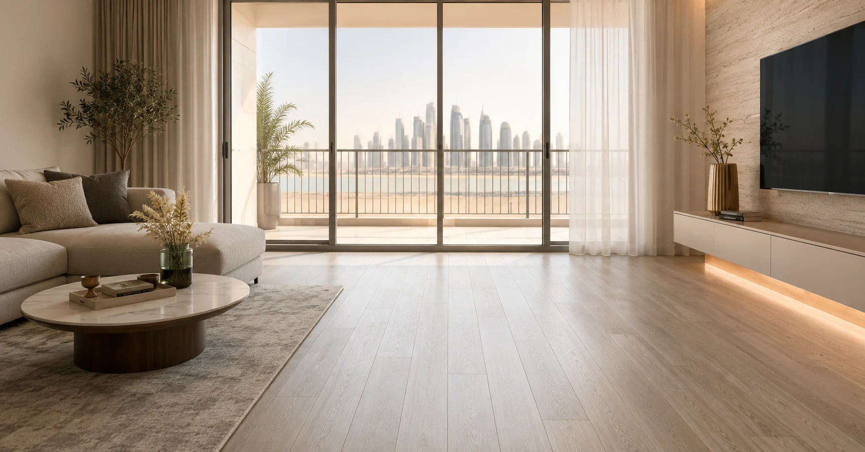 White horizontal window blinds installed on a large window, showcasing a modern alternative to curtains for light and privacy control.