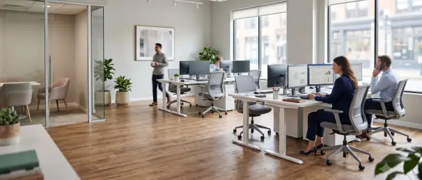 Modern office interior with high-quality laminate flooring for office workspace, ergonomic desks, and a professional commercial design.