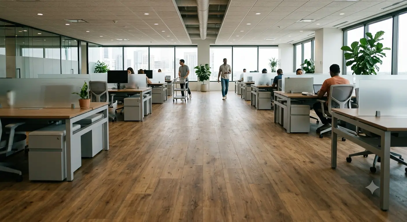 Open-plan office with premium laminate flooring for office, modern workstations, large windows, and a durable wood-look commercial floor perfect for corporate interiors.