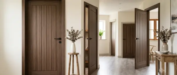 Modern hallway featuring stylish wood-finish interior doors for a WPC doors vs wooden doors comparison, highlighting contemporary design and durability.