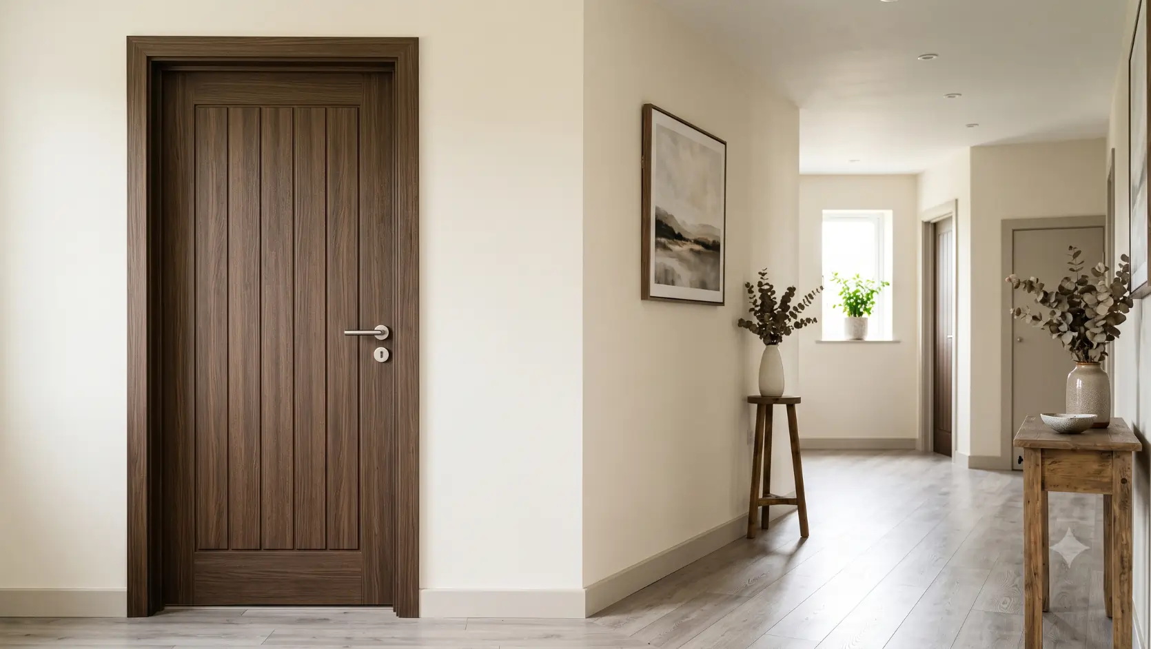 Modern interior door for WPC doors vs wooden doors comparison, featuring a wood-finish door in a contemporary hallway.