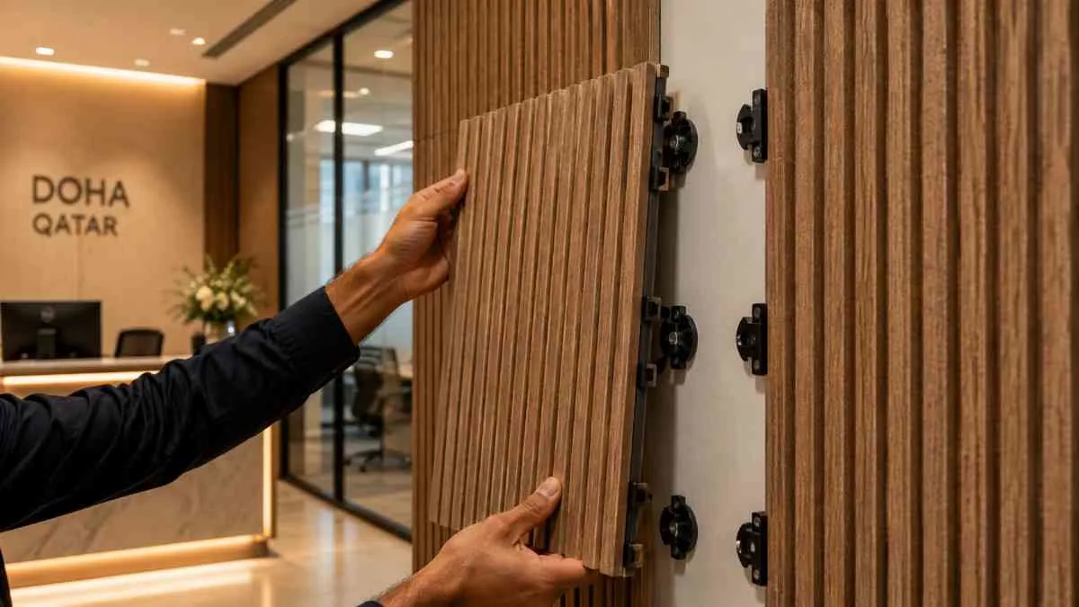 Modern office interior with high-quality laminate flooring for office workspace, ergonomic desks, and a professional commercial design.