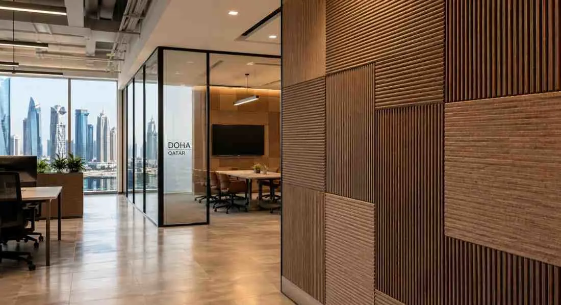 Worker installing a wood-textured acoustic wall panel using an interface plug mounting system on a reception area wall in a modern Doha office.