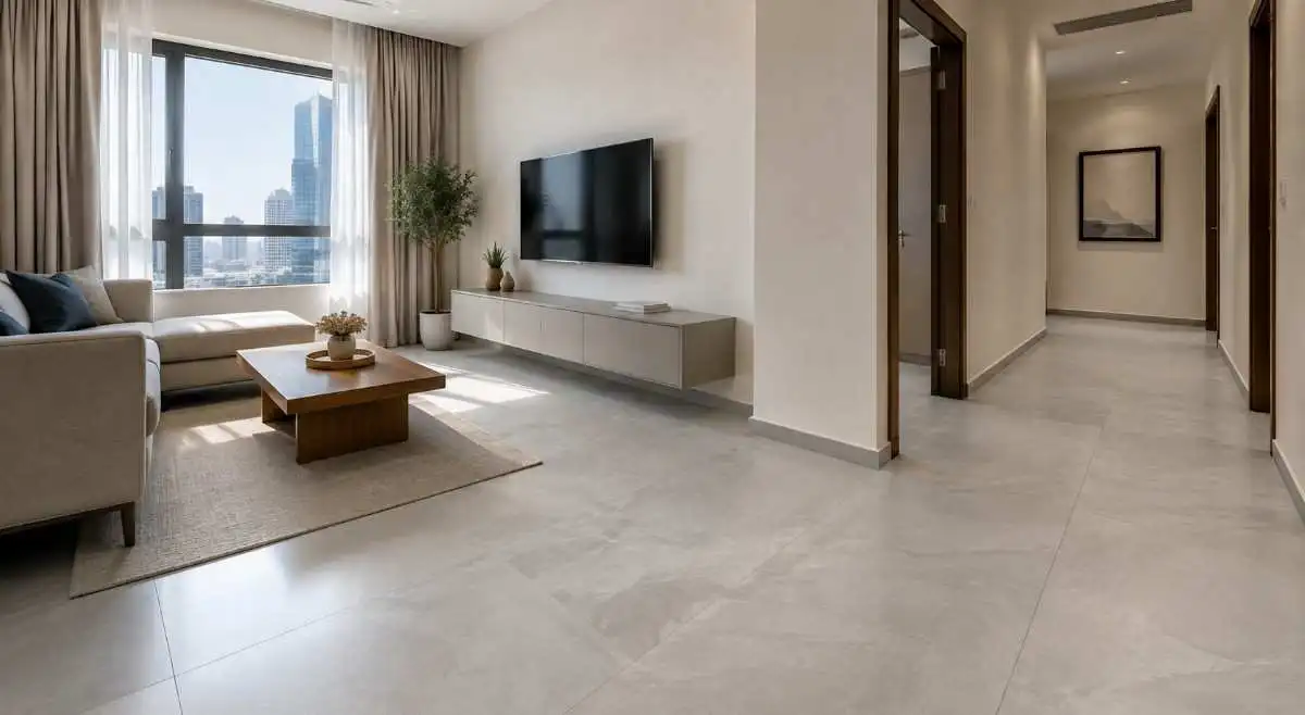 Bright modern Doha apartment living room with large-format light grey porcelain tiles continuing seamlessly into the hallway, creating an open and spacious visual effect.