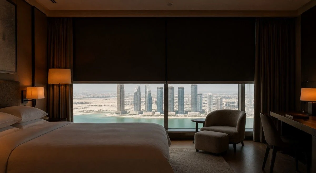 Commercial blackout roller blind installed in a hotel guest room window