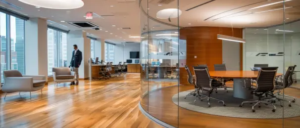 Modern corporate office interior with commercial office flooring, glass meeting room, conference table, office chairs, and large windows.