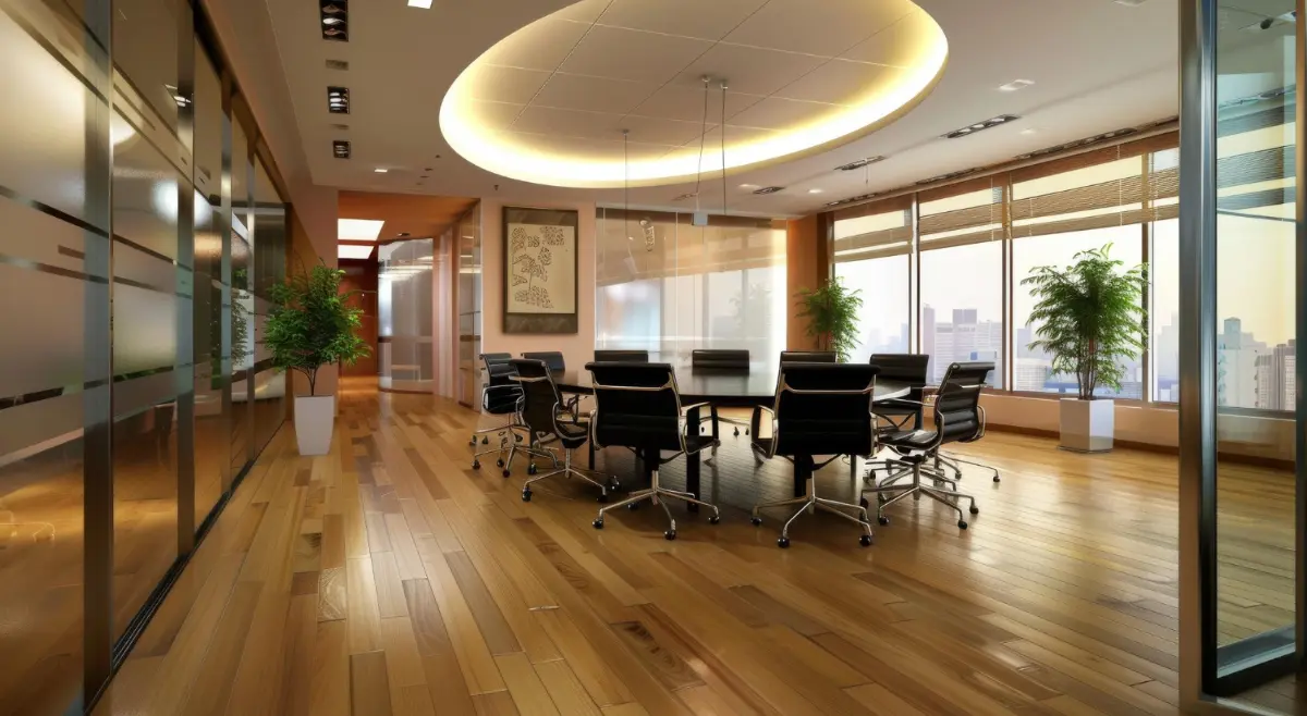 Modern commercial office interior with elegant wood commercial office flooring, conference table, office chairs, and large windows.