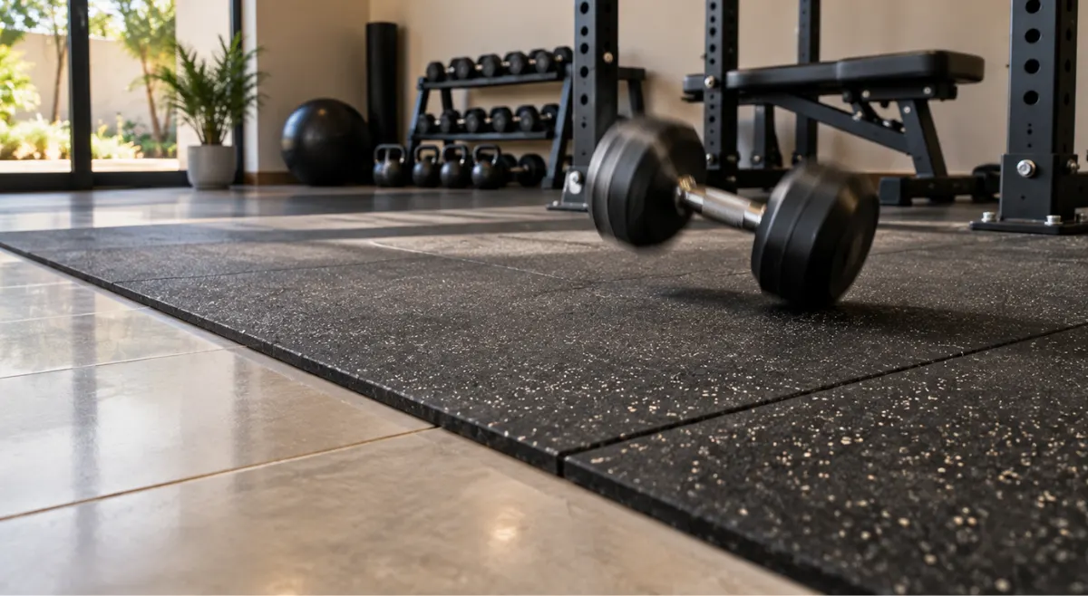 Home gym flooring with a textured rubber workout mat installed over tile flooring