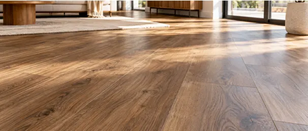 Wood effect vinyl flooring in a bright modern living room with warm oak tones and natural sunlight
