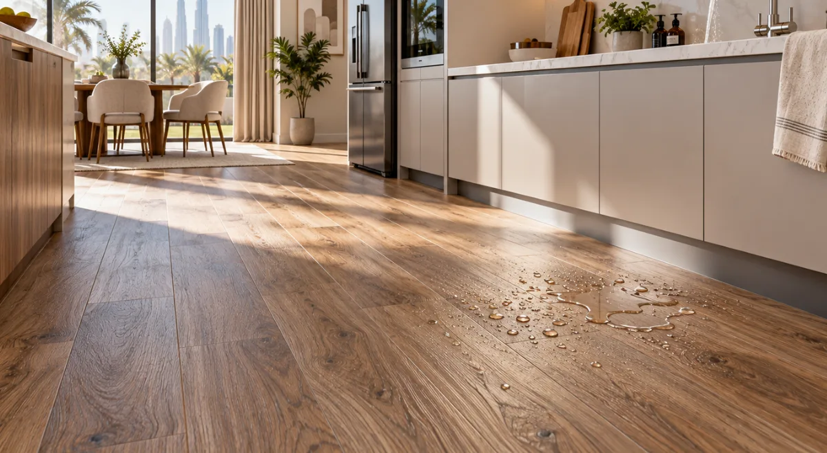 Wood effect vinyl flooring in a modern Gulf-style kitchen with water droplets near the sink