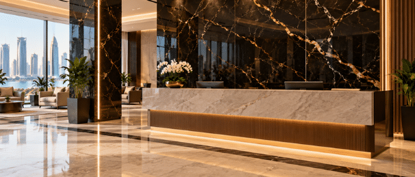 UV marble sheet design with gold veining on a reception wall behind the desk in a hotel lobby