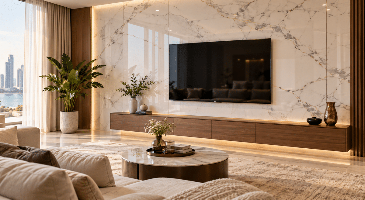 UV marble sheet design on a glossy white TV feature wall in a modern living room