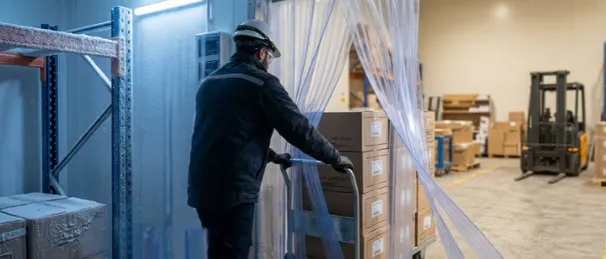 Worker pushing a trolley through polar-grade industrial strip curtains at a cold room entrance