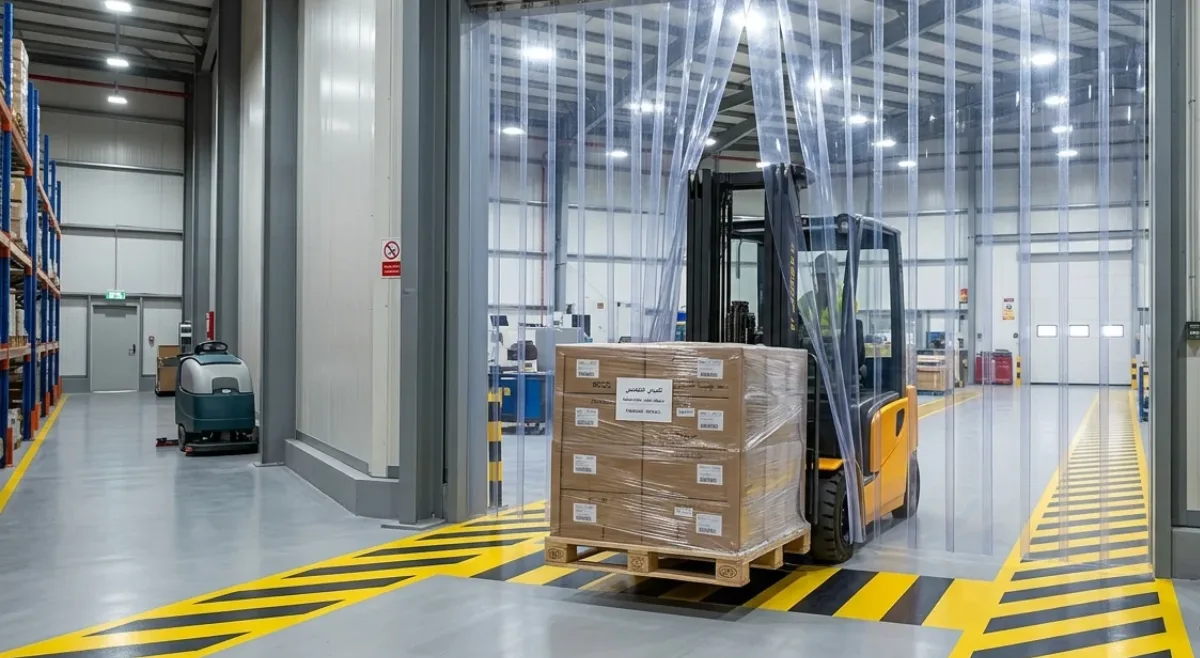 Forklift passing through industrial strip curtains in a Doha factory doorway