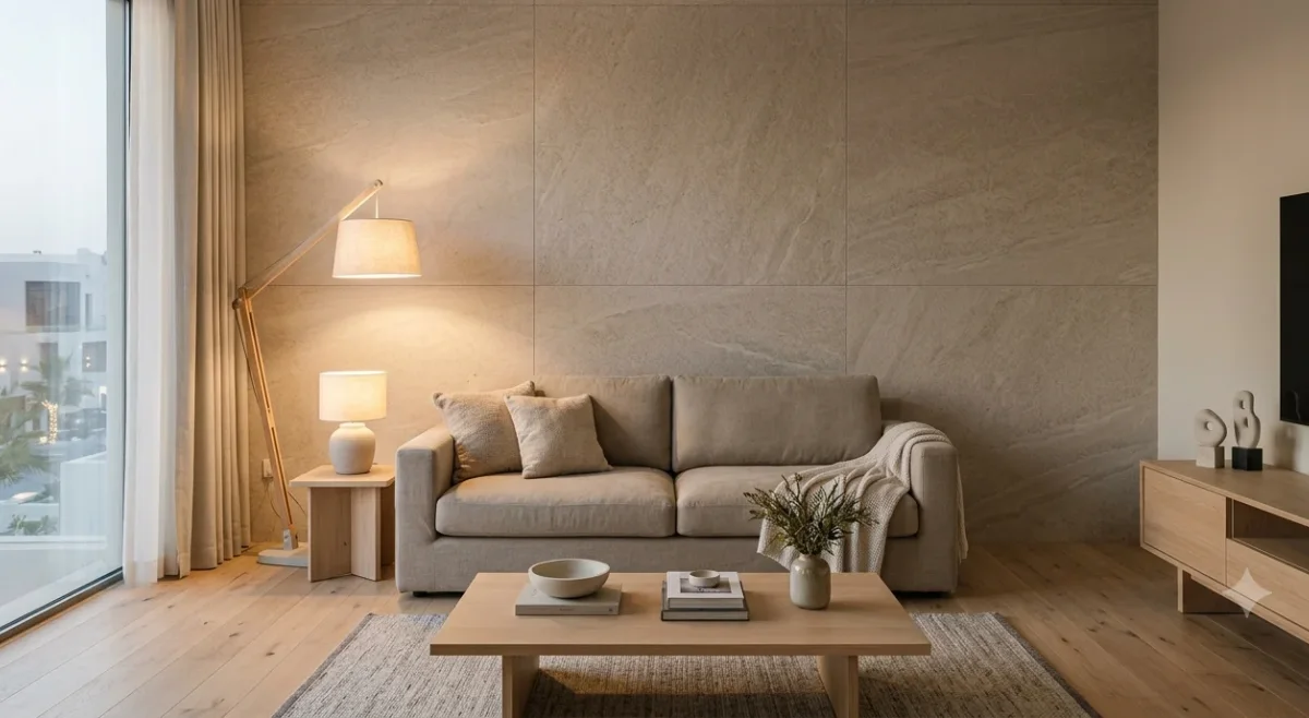 Living room feature wall with tile effect wall panels matched to the floor and sofa in a modern Qatar home